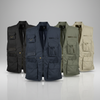 Four vests in black, navy, green, and beige on a gray background