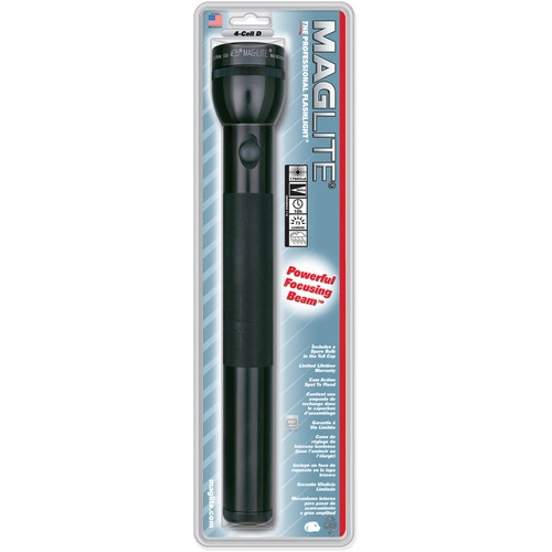 Maglite S4D 4 D-Cell Flashlight packaged, showcasing its powerful focusing beam and durable design.