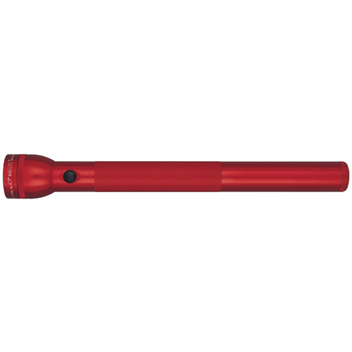 Red Maglite MAG-LITE flashlight with durable aluminum housing and knurled design, featuring a self-cleaning switch.