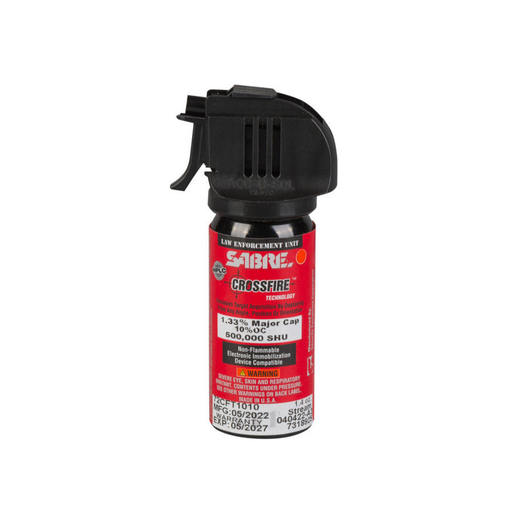 Left side of SABRE Crossfire pepper spray canister on a white background