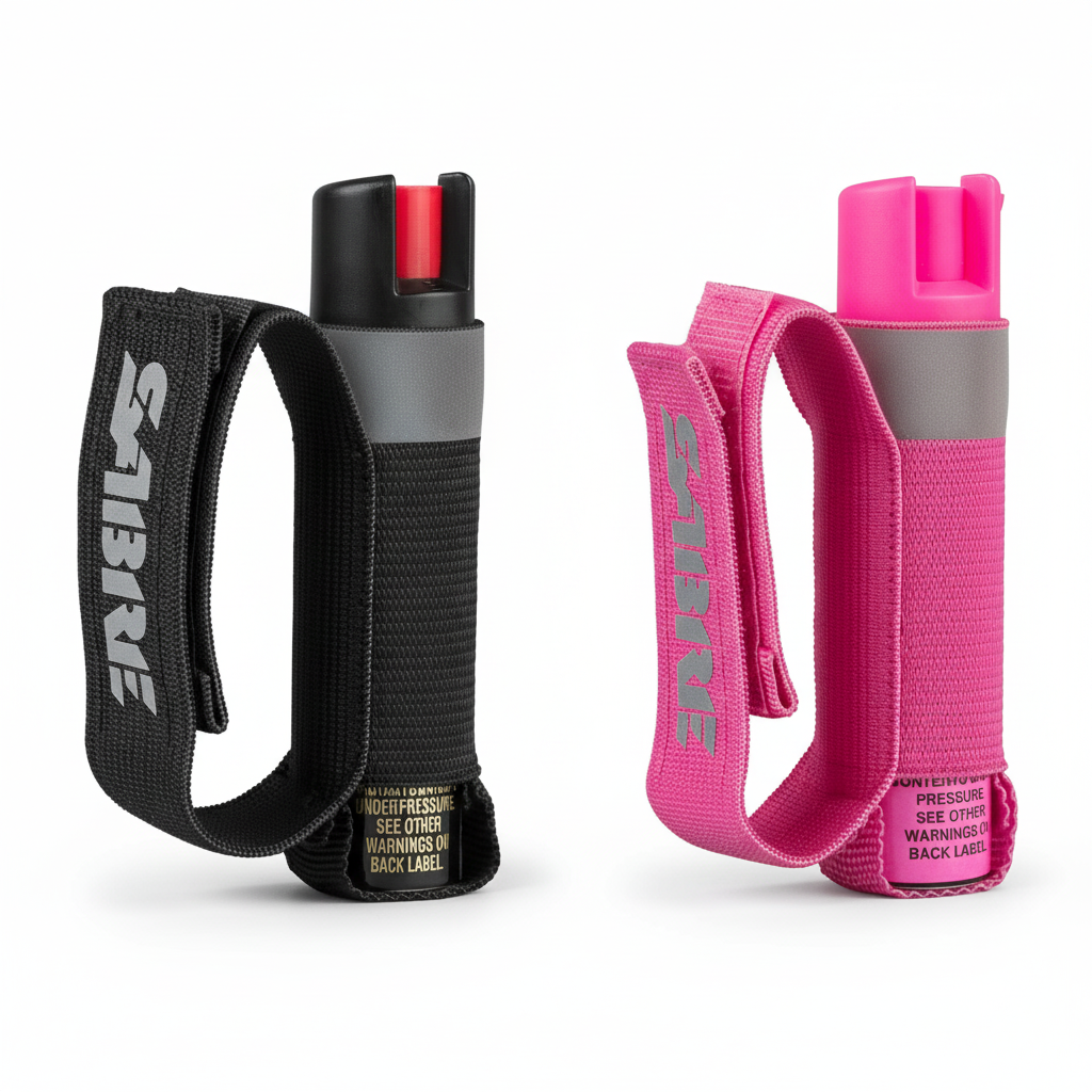 Two pepper spray canisters, one black and one pink, with Sabre branding on a white background. SABRE The Runner pepper gel with adjustable reflective hand strap