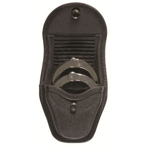 Safariland Model 7317 Double Handcuff Case in black with two handcuffs securely stored inside.