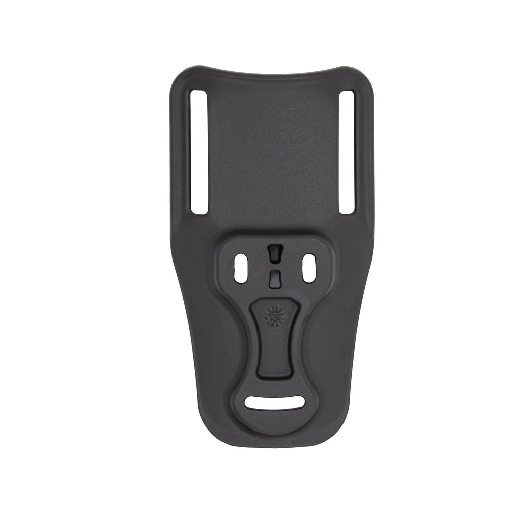 Black plastic holster accessory on a white background