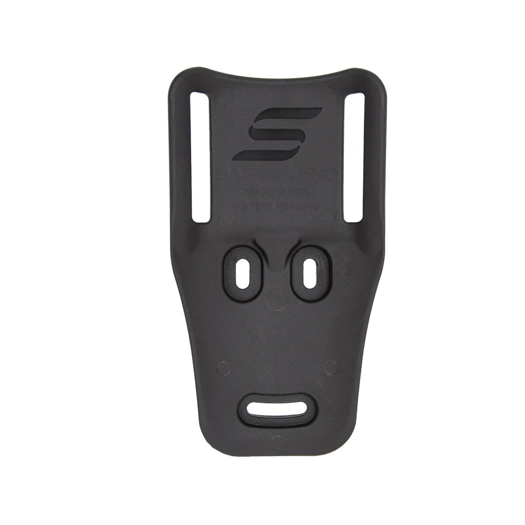 Black plastic holster component with a logo on a white background