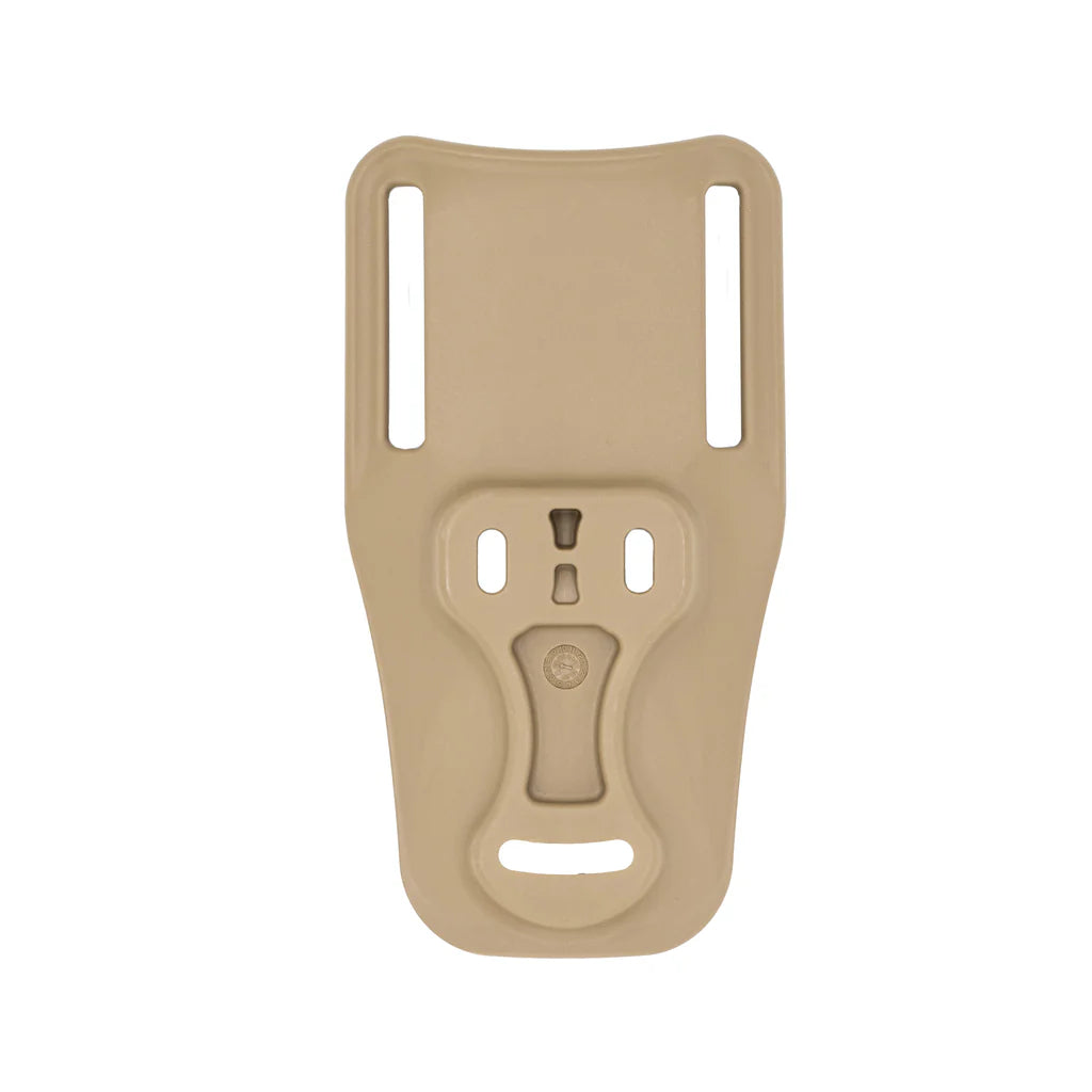 Tan plastic holster accessory on a white background