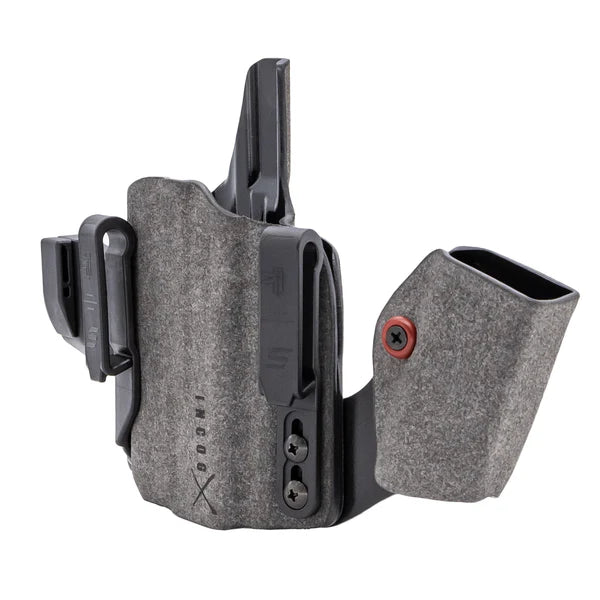 Safariland Incog X gray right-hand IWB holster with adjustable mag caddy and polymer clips, side-angle view