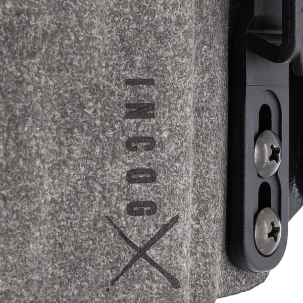Close-up of Safariland Incog X gray microfiber suede wrap, INCOG X mark, belt clip, and mounting screws