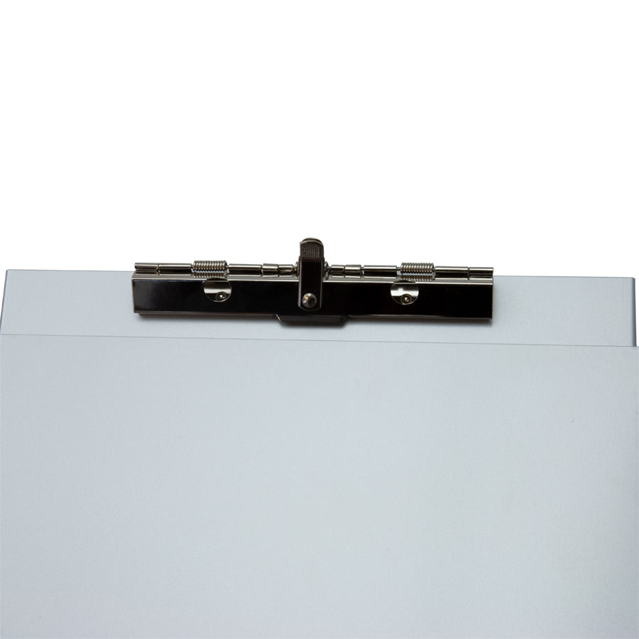 Aluminum clipboard with a black clip on a white background