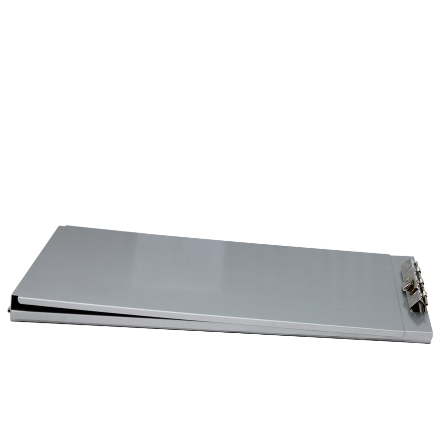 Rectangular metal clipboard with a silver finish on a white background