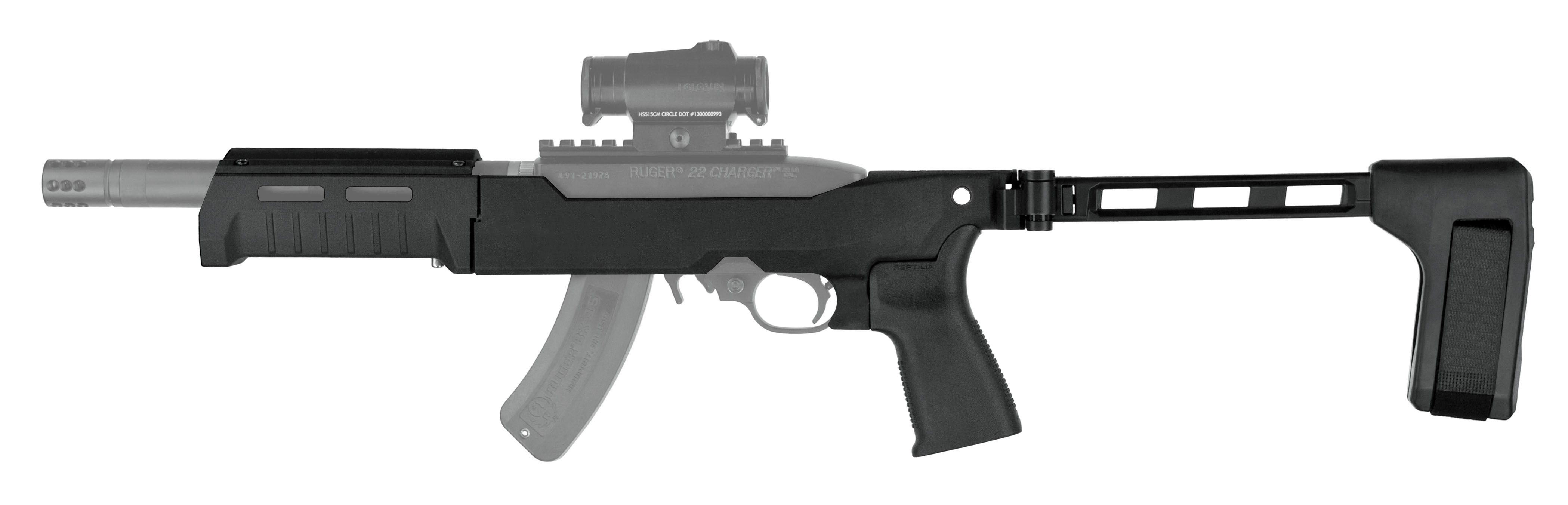 SB Tactical 22 Takedown Chassis in black with adjustable stock and Picatinny rail for Ruger firearms.