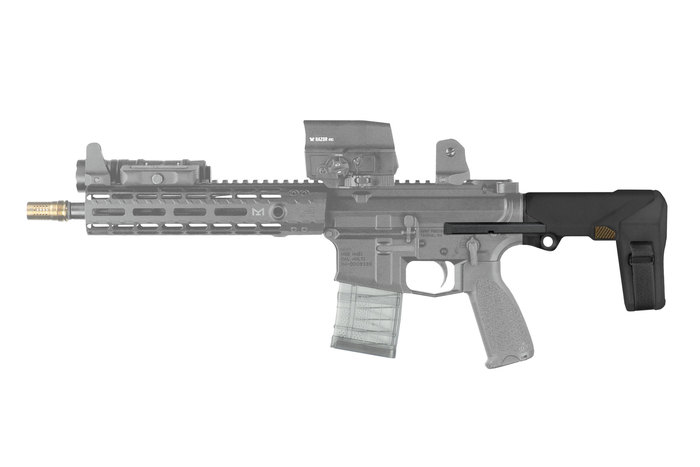 SB Tactical HB AR Brace in black installed on an AR-15 platform, showcasing its adjustable design and sleek appearance.