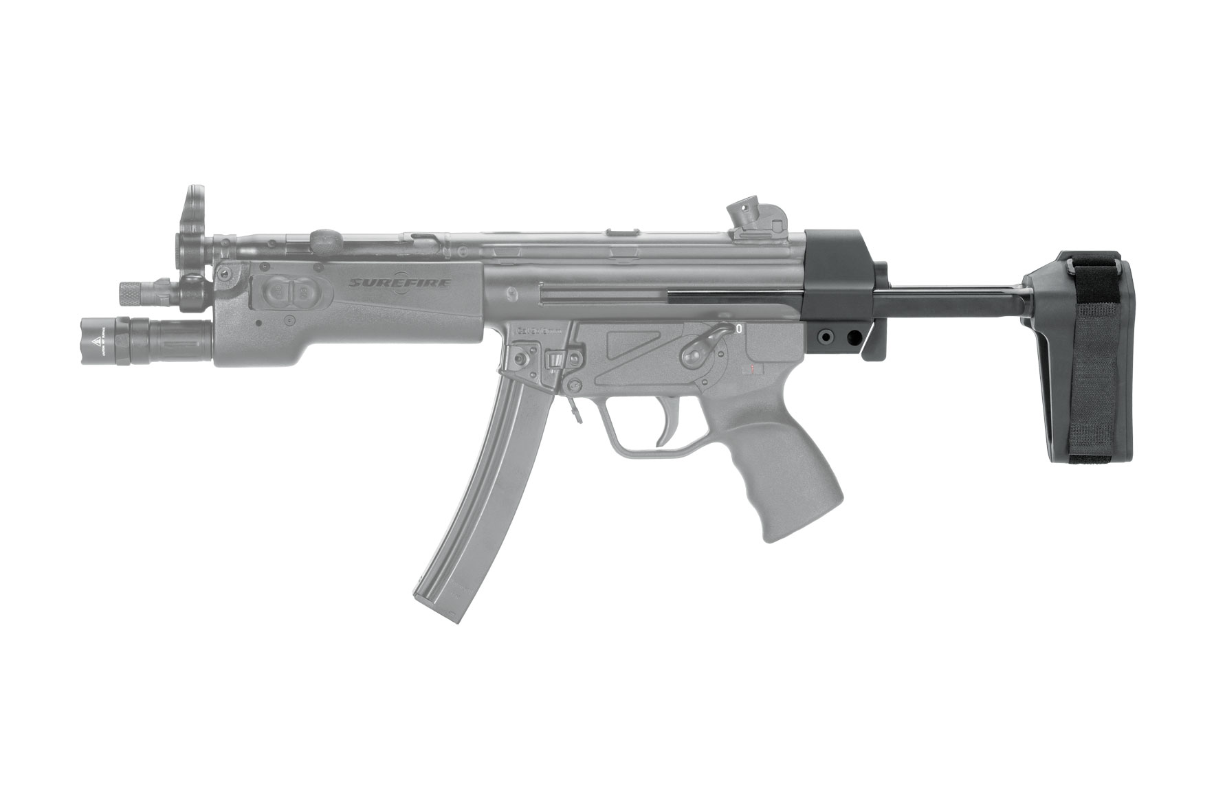 SB Tactical HK PDW adjustable brace mounted on MP5, showcasing black anodized design and tactical features.