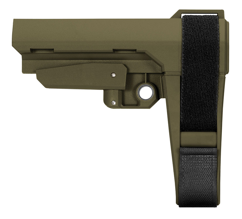 SB Tactical SBA3 OD Green stock with adjustable design and ambidextrous QD sling socket for enhanced versatility.