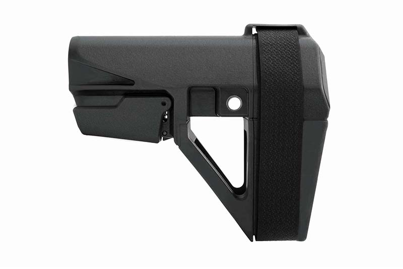 SB Tactical SBA5 BLK pistol stabilizing brace showing side profile with adjustable features and ambidextrous QD sling socket.
