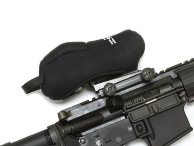Scopecoat Electronic and Holographic Scopecoat protecting illuminated optics on a rifle, made of durable Neoprene/Nylon.
