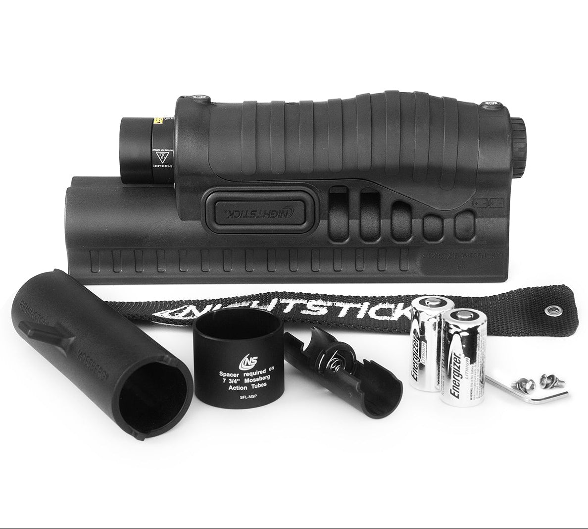 View of  all included parts for Nightstick SFL-11WL Shotgun Forend Light for Mossberg 500 590 Shockwave, 1200-lumen LED, waterproof black forend with rubber grip and included hardware