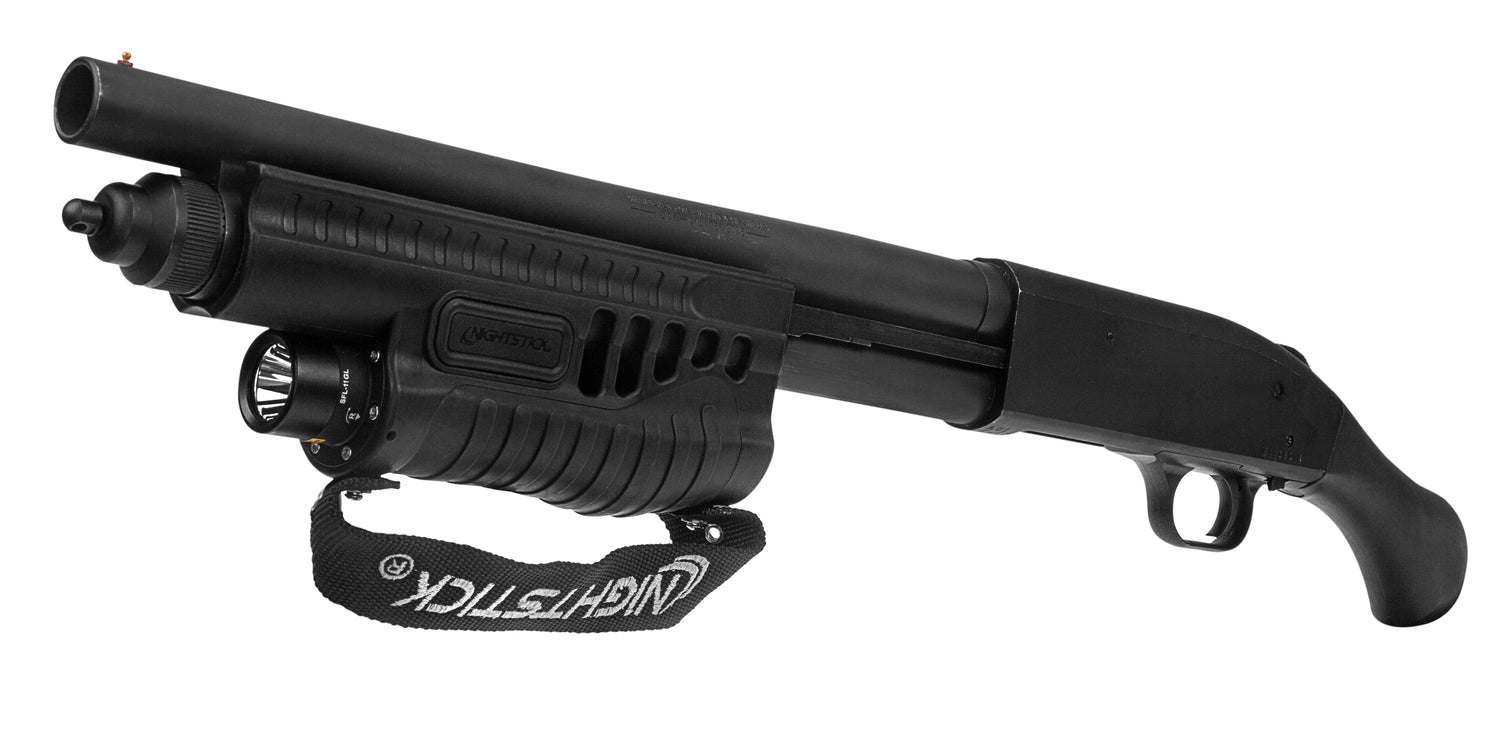 Left side shown on shotgun Nightstick SFL-11WL Shotgun Forend Light for Mossberg 500 590 Shockwave, 1200-lumen LED, waterproof black forend with rubber grip and included hardware