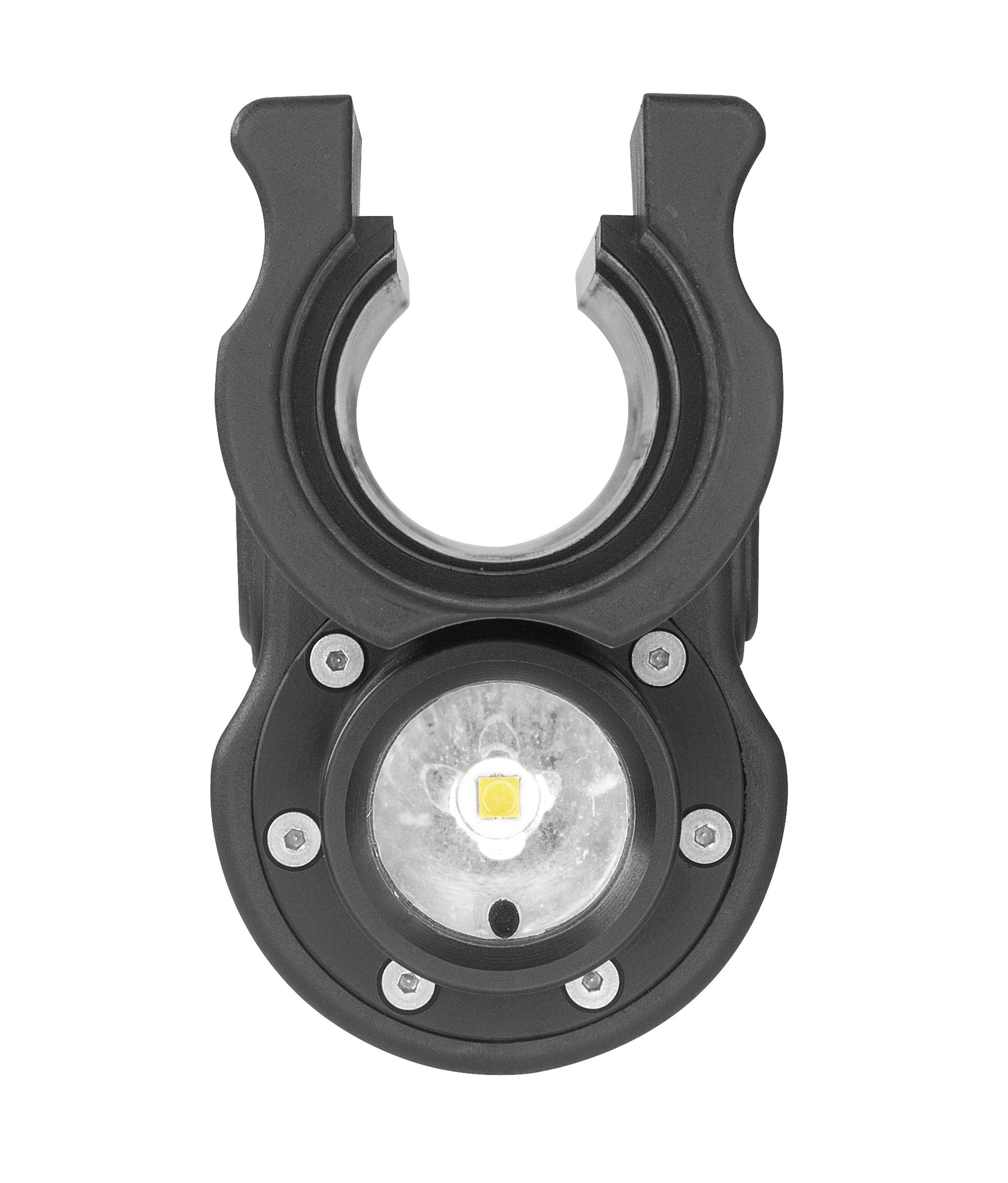 Front view of Nightstick SFL-11WL Shotgun Forend Light for Mossberg 500 590 Shockwave, 1200-lumen LED, waterproof black forend with rubber grip and included hardware