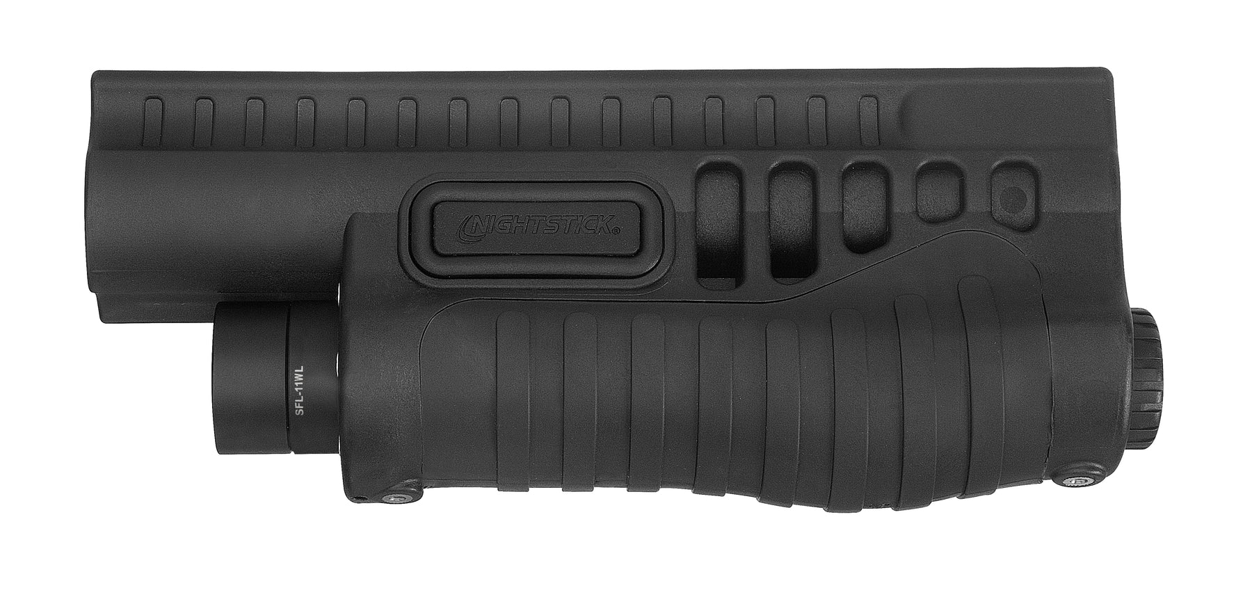 Left side Nightstick SFL-11WL Shotgun Forend Light for Mossberg 500 590 Shockwave, 1200-lumen LED, waterproof black forend with rubber grip and included hardware