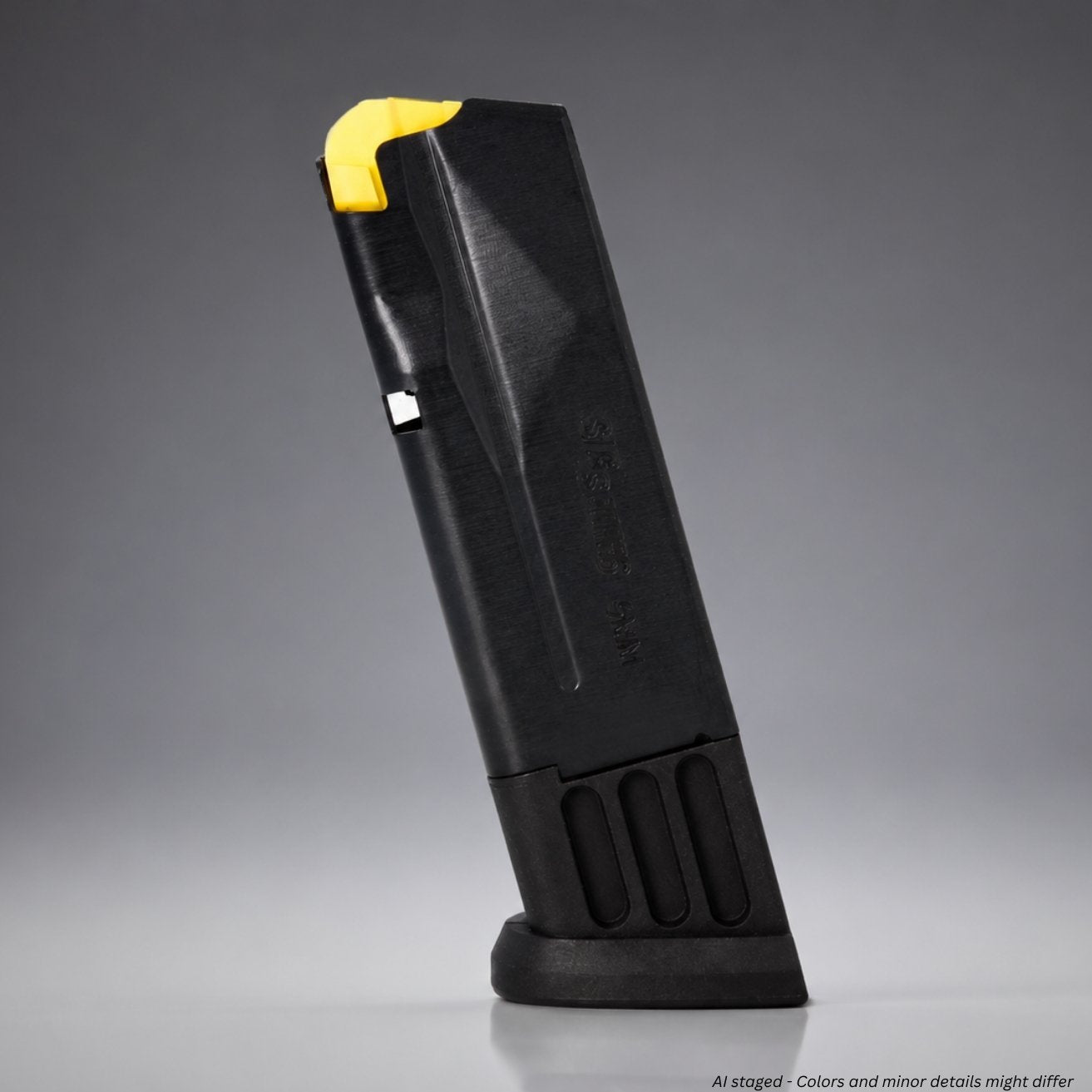Black gun magazine with yellow tip on a gray background