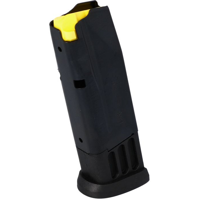 Black gun magazine with yellow accent on a white background