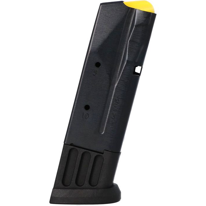 Black gun magazine with yellow tip on a white background