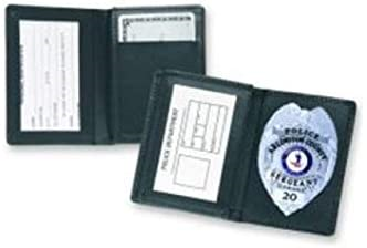 Strong Leather Company side open badge holder in black leather showcasing a police badge and identification slots.