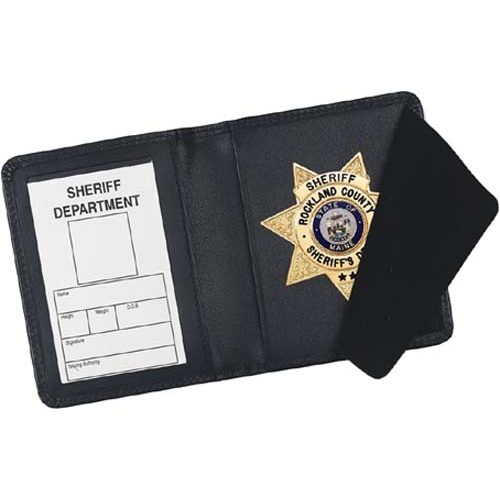 Strong Leather Company badge case opened, featuring sheriff's star badge and identification slot, ideal for law enforcement professionals.