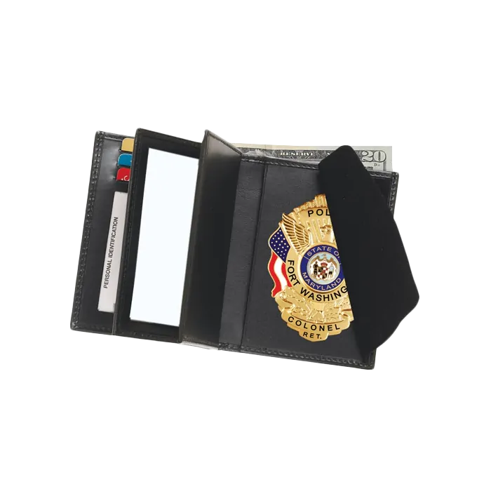 Strong Leather Company Double ID Hidden Badge Wallet displaying law enforcement badge and card slots, perfect for professionals.