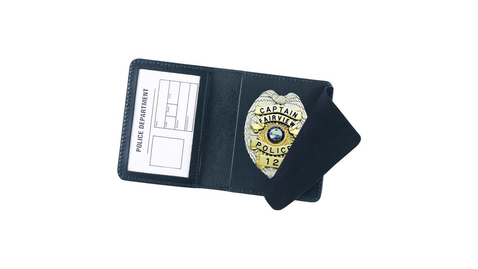 Leather wallet displaying captain's police badge and identification card for law enforcement professionals.