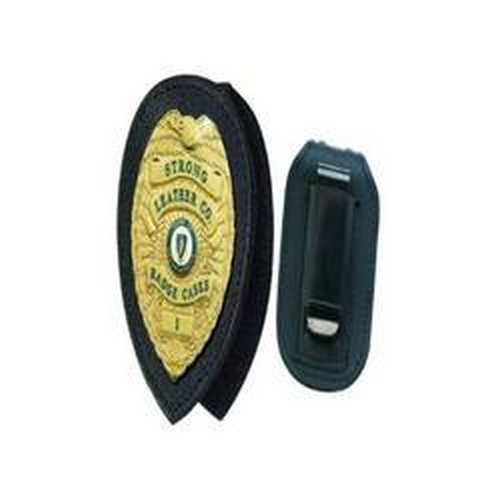 Strong Leather Company recessed badge holder showcasing badge attachment and Velcro design for neck or belt use.