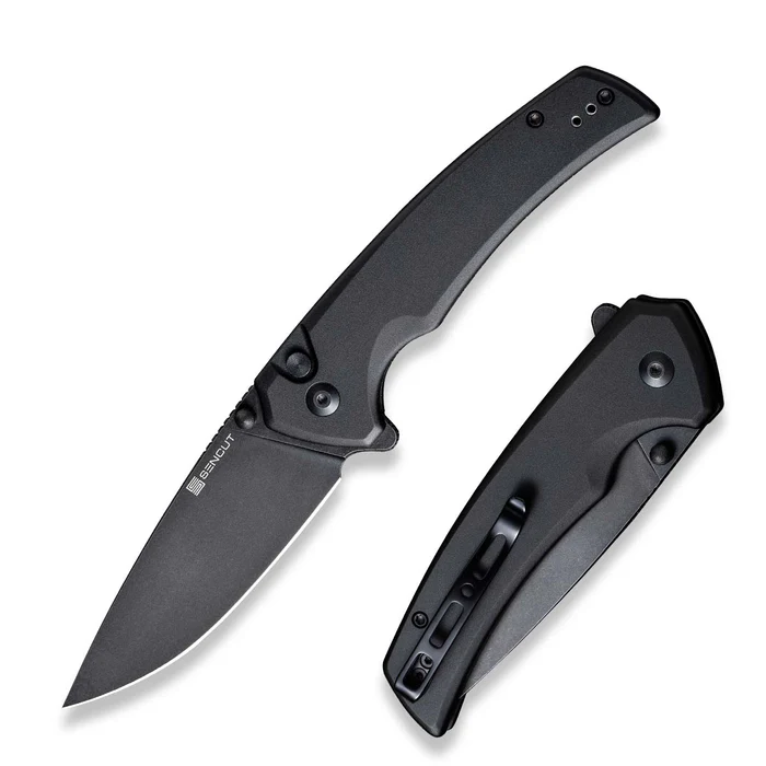 SENCUT Serene Flipper/Thumb Stud Folding Knife 3.48"" Black D2 Drop Point Plain Edge Blade, Black Aluminum Handle S21022B-1