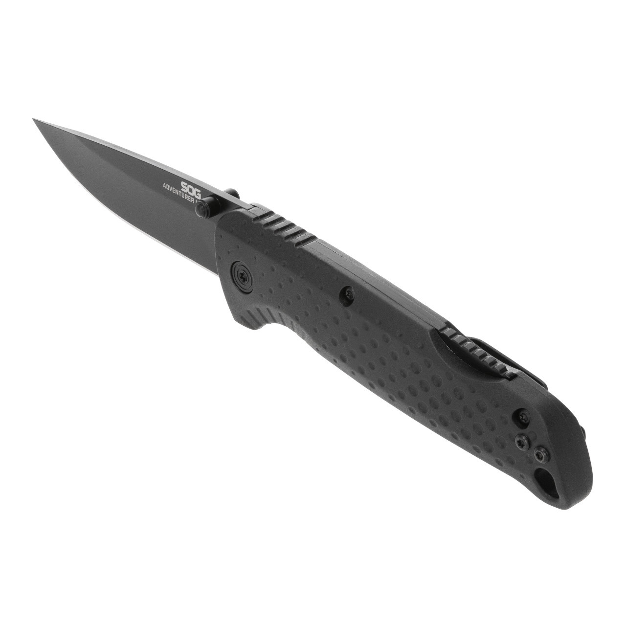 SOG Adventurer LB Blackout folding knife with a Ti-Ni coated blade, showcasing a lightweight and durable design.