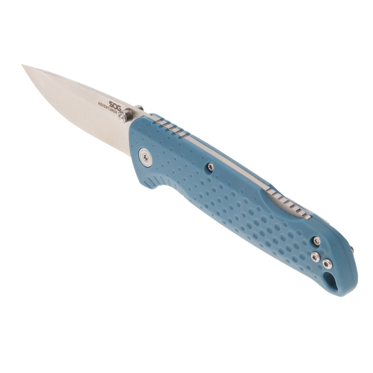 SOG ADVENTURER LB folding knife in Nordic Blue, featuring a satin finish and lock back design for safety and durability.