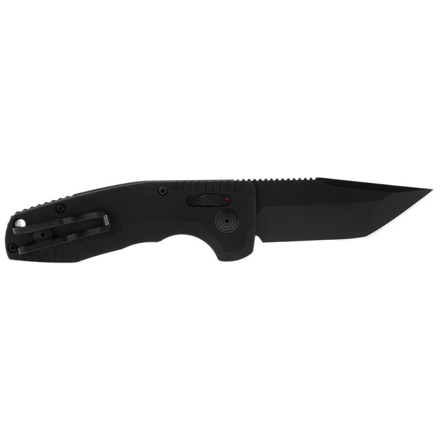 SOG SOG-TAC AU Compact knife in black with tanto blade and partial serration, showcasing its ergonomic textured handle.