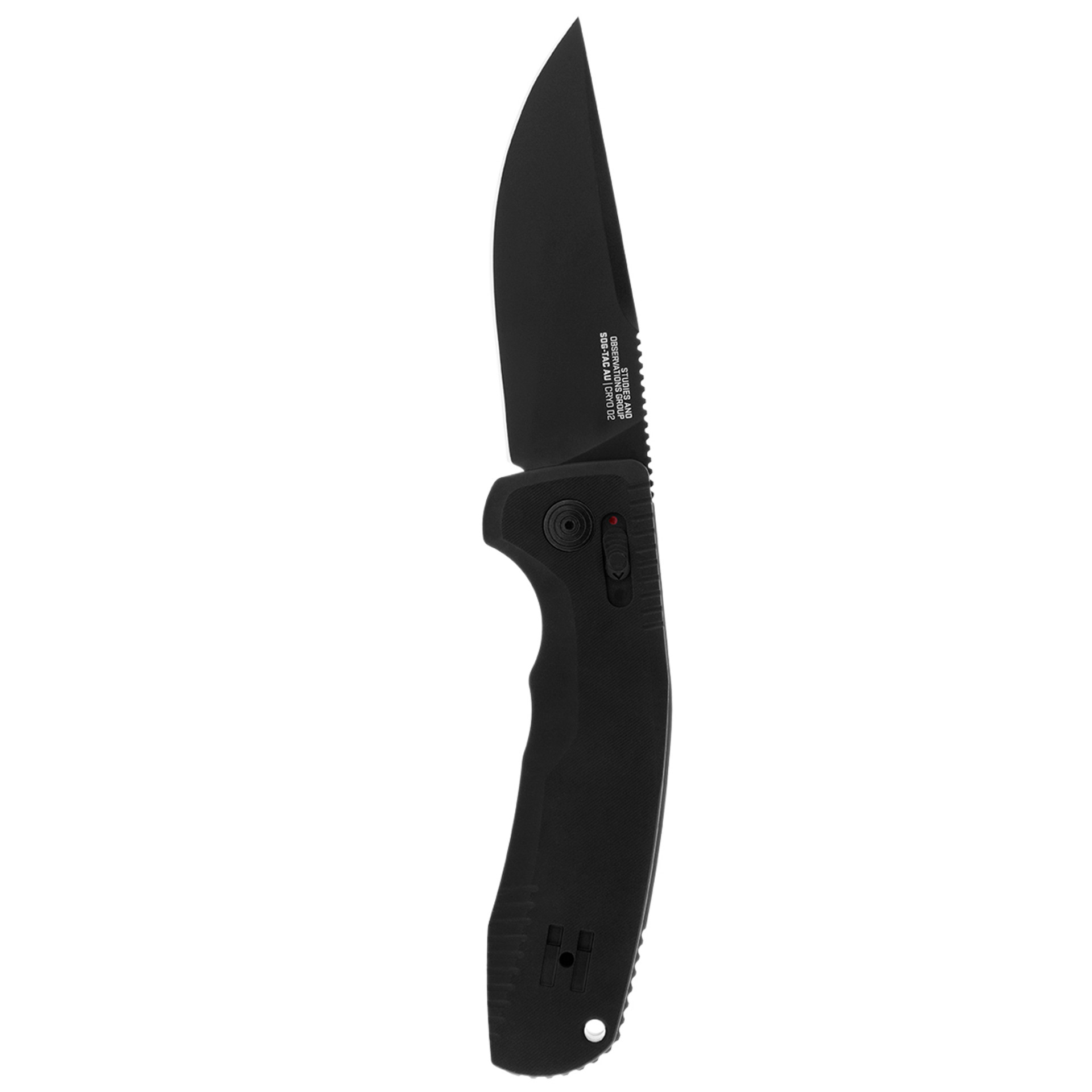 SOG One-Zero AU Black folding knife with textured aluminum handle and CRYO D2 blade, ideal for military and first responders.