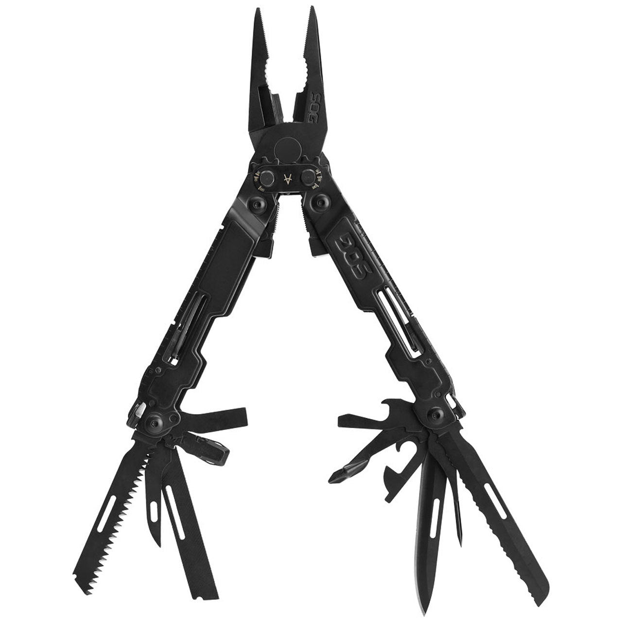 SOG PowerAccess Deluxe multitool in black, featuring pliers and multiple tools for maximum versatility.