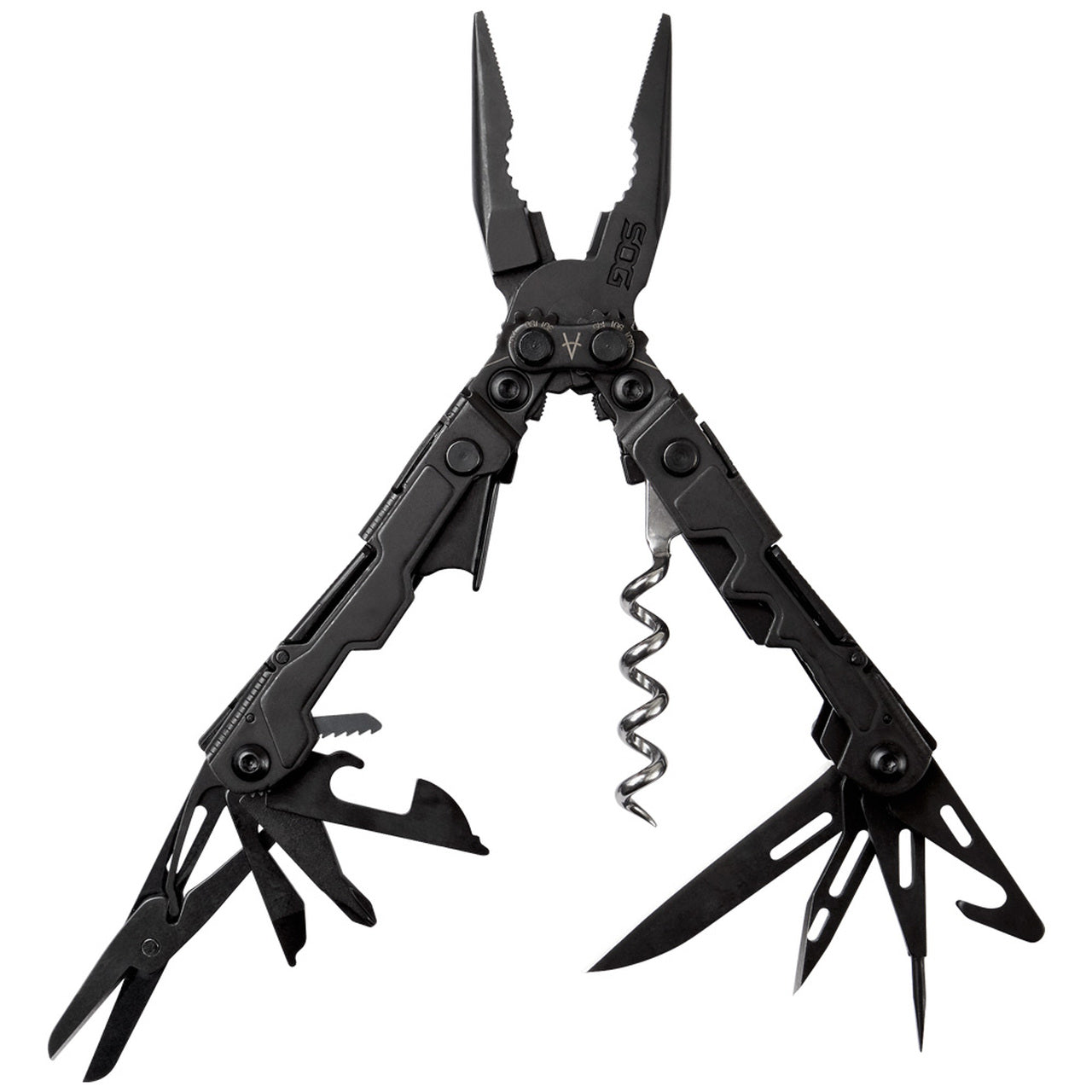 SOG PowerLitre multi-tool with pliers, corkscrew, and various blades, showcasing compact design and versatile functionality.