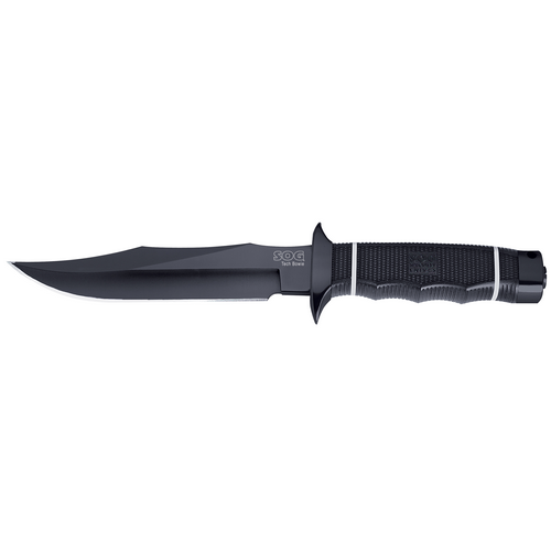 SOG SOG-Tech Bowie knife with black TiNi coated blade and Kraton rubber handle for modern functionality.
