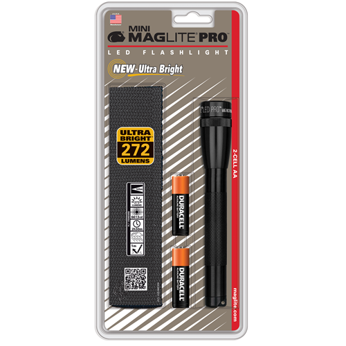 Mini Maglite Pro 2 AA-Cell LED flashlight with holster, featuring 272 lumens, durable design, and included Duracell batteries.