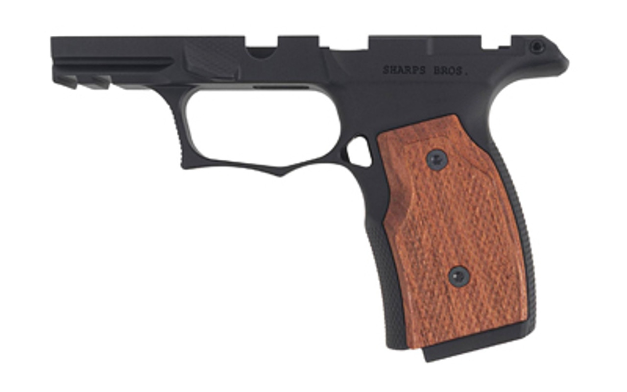 Sharps Bros Sig P365X/XL grip module in black anodize with Brazilian Cherry panels for enhanced comfort and style.