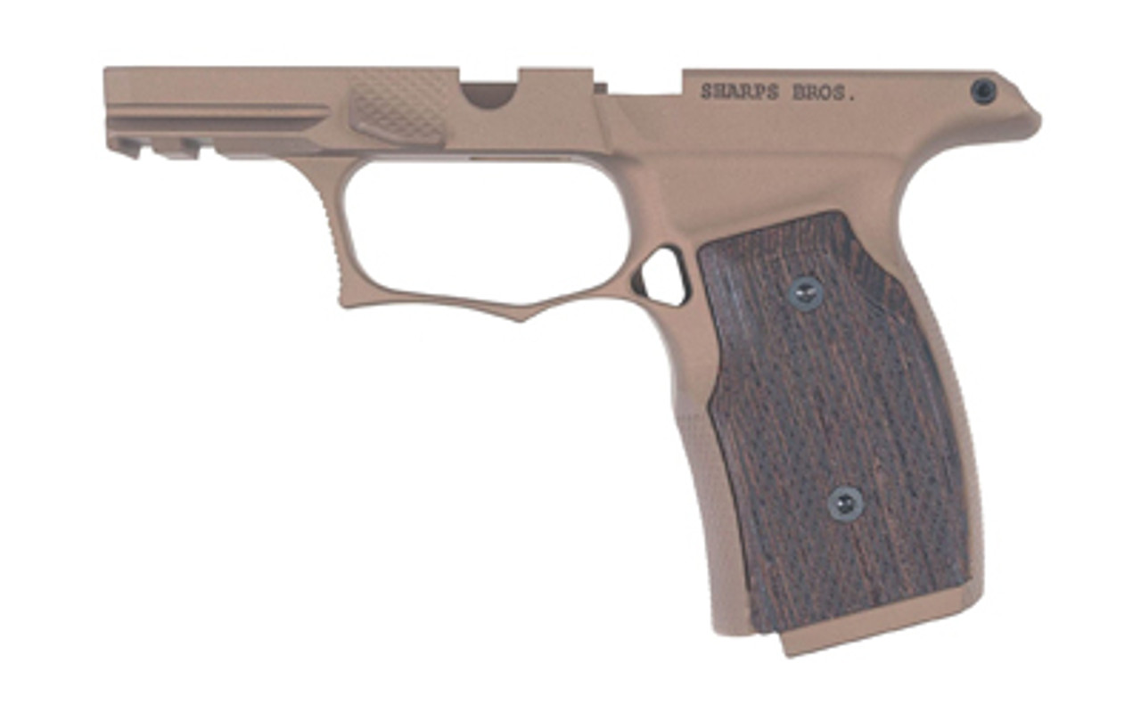 Sharps Bros Sig P365X P365XL grip module with FDE Cerakote finish and Wenge wood panels.