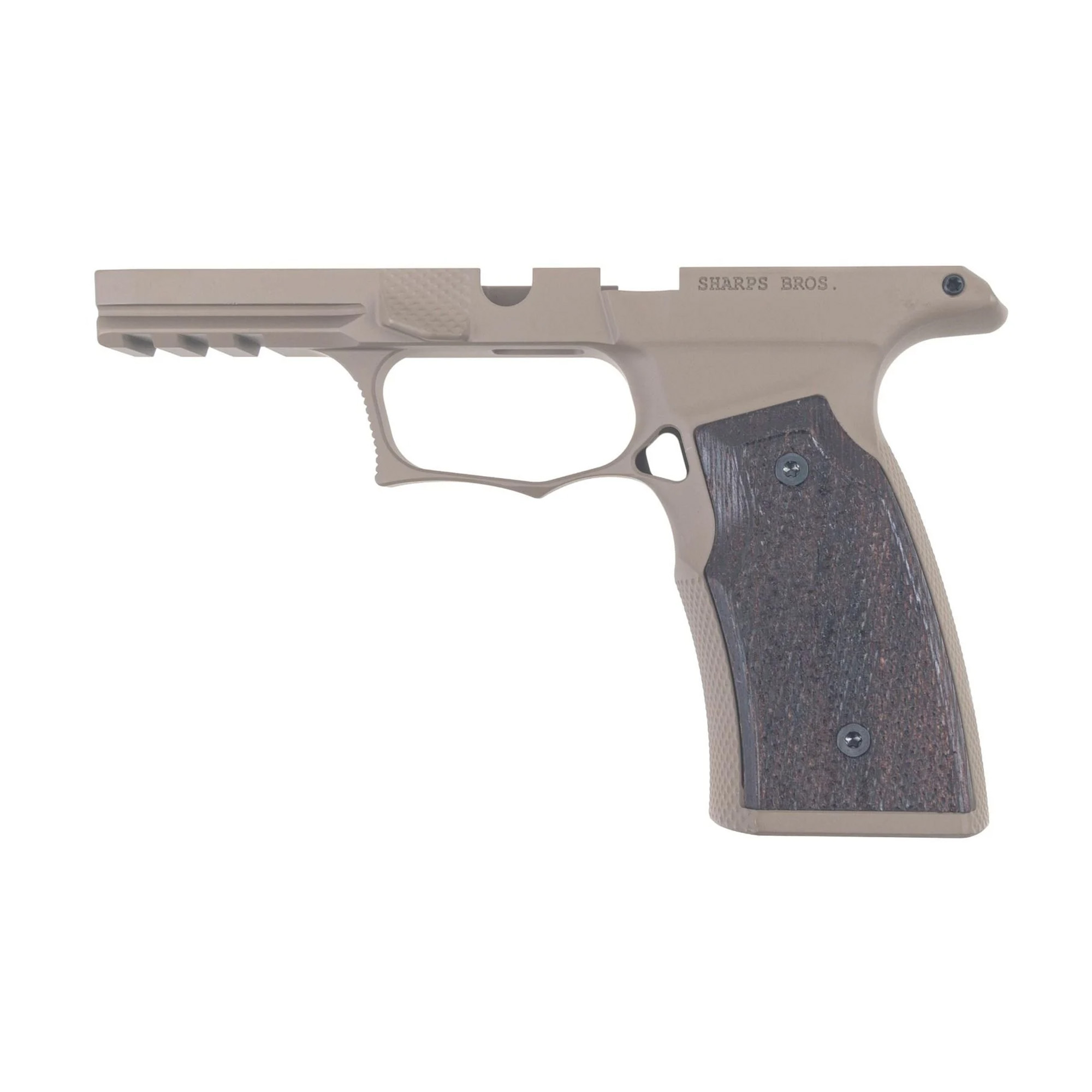 Sharps Bros Sig P365 Xmacro grip module in FDE Cerakote with Wenge wood panels for improved comfort and control.