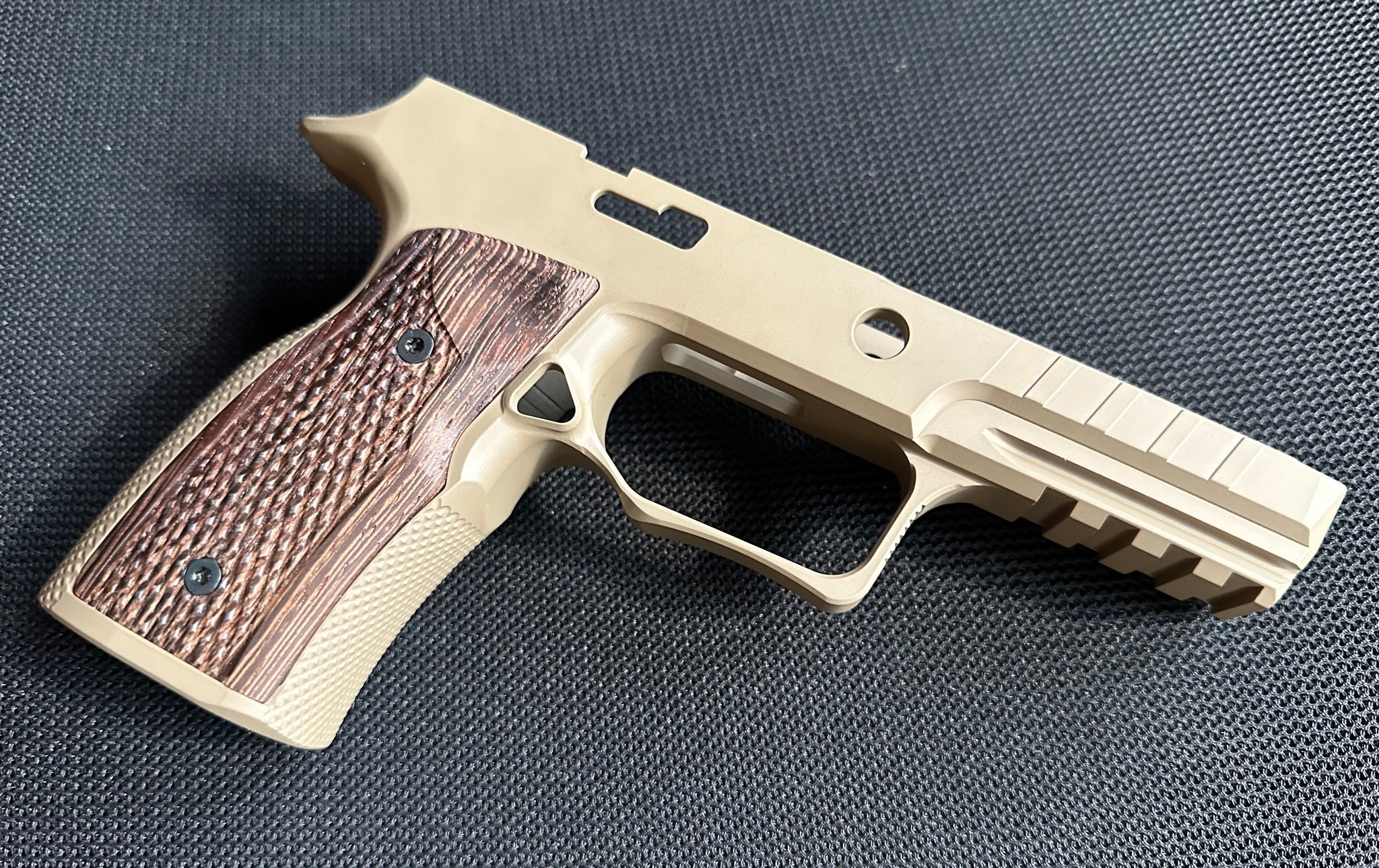 Sharps Bros Sharps 320 Improved Grip Module FDE Cerakote with Wenge wood grips and Picatinny rail for Sig P320.