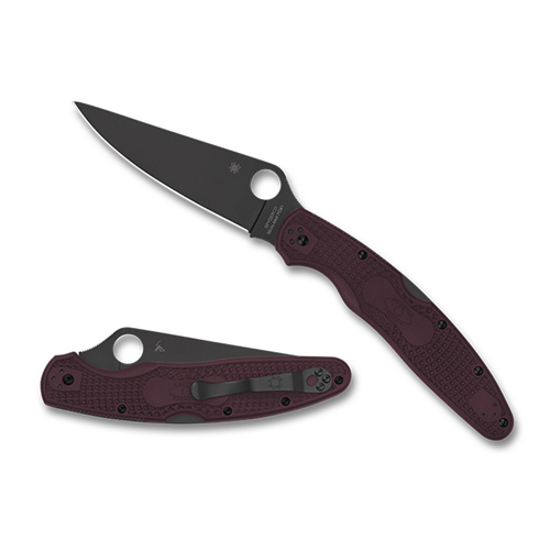 Spyderco Police knife with black blade and burgundy handle, showcasing superior wear resistance and toughness.