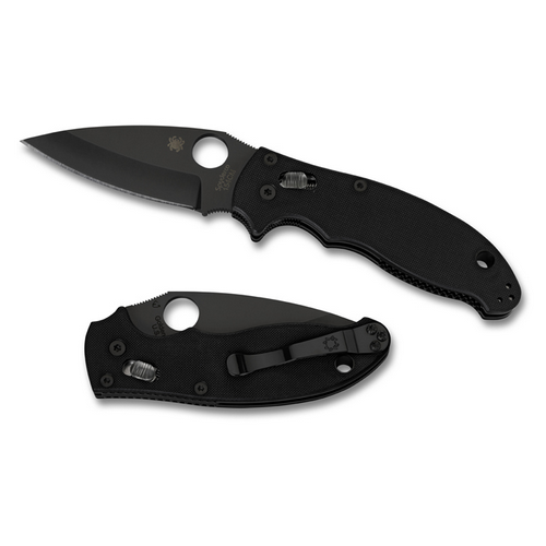 Spyderco Manix 2 folding knife showcasing a black handle and blade, featuring precise craftsmanship and a dependable design.