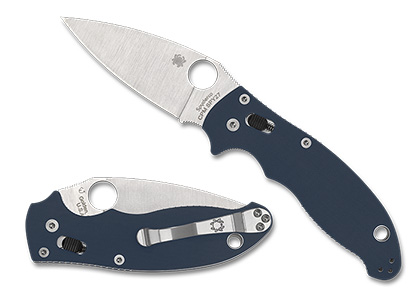 Spyderco Manix 2 folding knife with a stainless steel blade and navy blue handle, showcasing its Ball Bearing Lock mechanism.