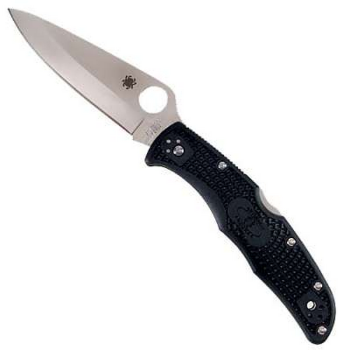 Spyderco Endura 4 folding knife with stainless steel blade and ergonomic black handle featuring a round opening hole.