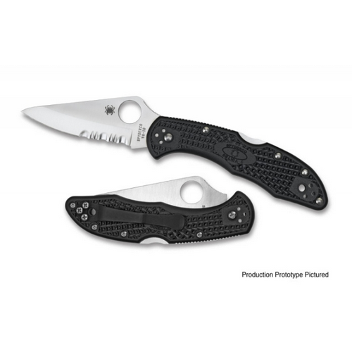 Spyderco Delica 4 knife with black FRN handle and stainless steel blade, showcasing ergonomic design and slip-free grip.