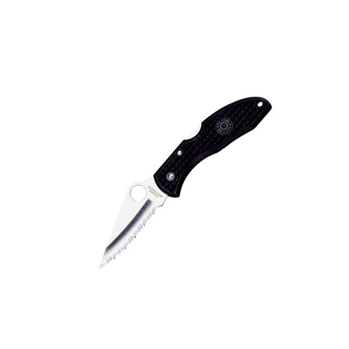 Spyderco Delica 4 knife with black FRN handle and serrated blade, featuring textured grip for secure handling.